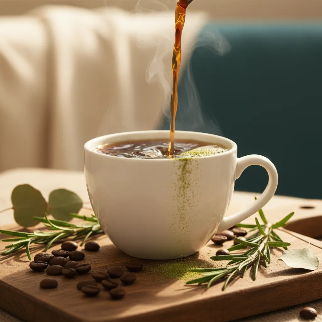 Hot coffee being poured into a ceramic cup with green plant extract powder, botanical herbs on wooden surface